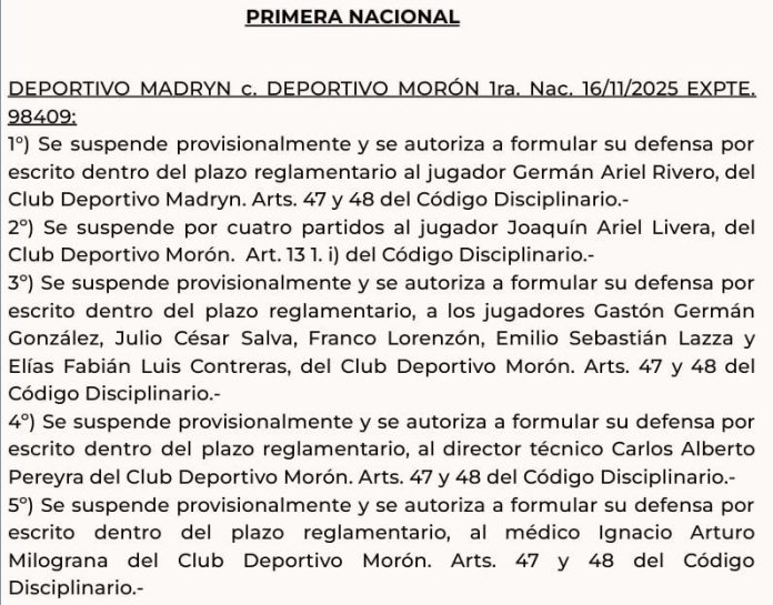 El Tribunal de Disciplina de la AFA dio a conocer el fallo tras la batalla campal en Deportivo Madryn-Morón: los nueve suspendidos
