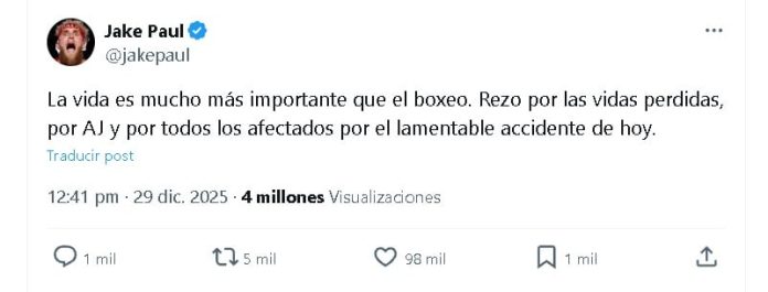 La reacción de Jake Paul tras el trágico accidente que protagonizó Anthony Joshua luego de la pelea que los enfrentó