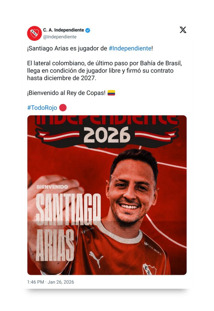 Independiente presentó como nuevo refuerzo a un lateral de la selección de Colombia